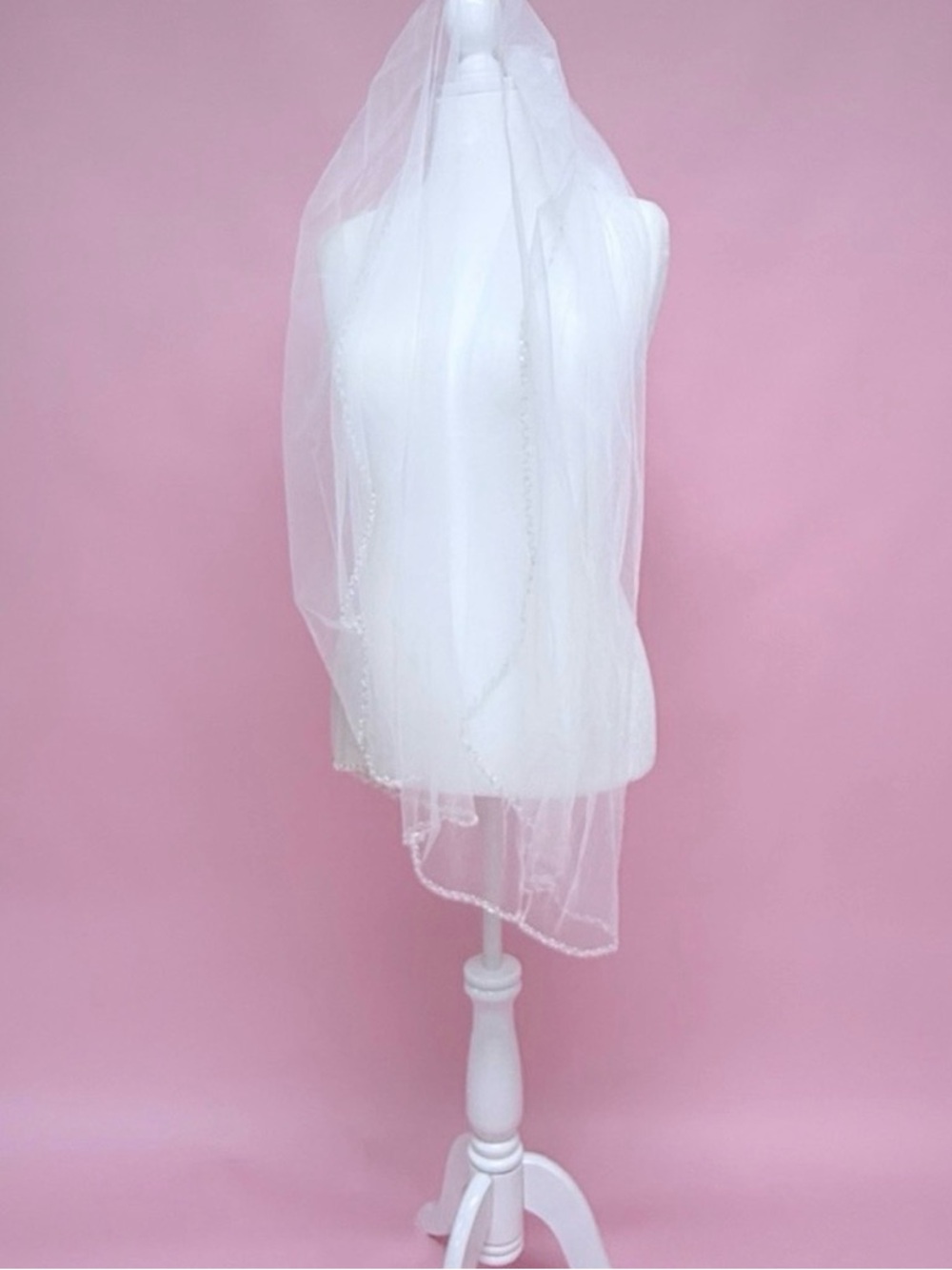 Sheer White Bridal Veil with Beaded Edge